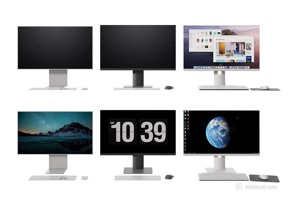 Modern Computer Monitors With Multiple Different Display Screens And Mouse Keyboard 3d model 