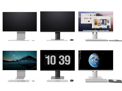 Modern Computer Monitors With Multiple Different Display Screens And Mouse Keyboard 3d model