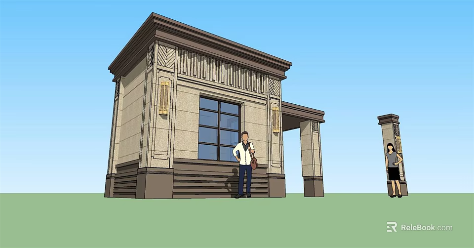 Classical Style Small Building With Decorative Details And Large Window Featuring People Standing 3d model