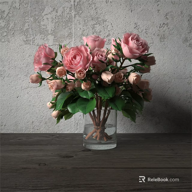 Pink Roses Arrangement In Transparent Glass Vase On Wooden Table With Gray Wall 3d model 