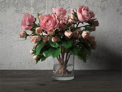 Pink Roses Arrangement In Transparent Glass Vase On Wooden Table With Gray Wall 3d model