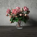 Pink Roses Arrangement In Transparent Glass Vase On Wooden Table With Gray Wall