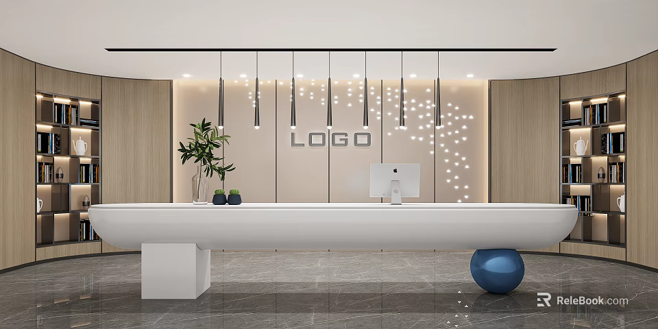 Modern Front Desk Reception Area With Wooden Panel Background Hanging Lights And Potted Plant 3d model 