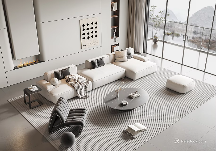 Modern Living Room Sofa And Coffee Table Set With White Sofa Round Table Striped Rug 3d model 