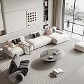 Modern Living Room Sofa And Coffee Table Set With White Sofa Round Table Striped Rug
