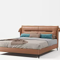 Modern Double Bed with Brown Leather Headboard Gray Bedding Blue Gray Pillows and Brown Throw 3d model