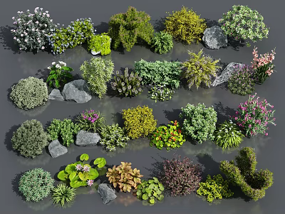 Diverse Collection of Colorful Flowers and Green Plants with Decorative Stones 3d model
