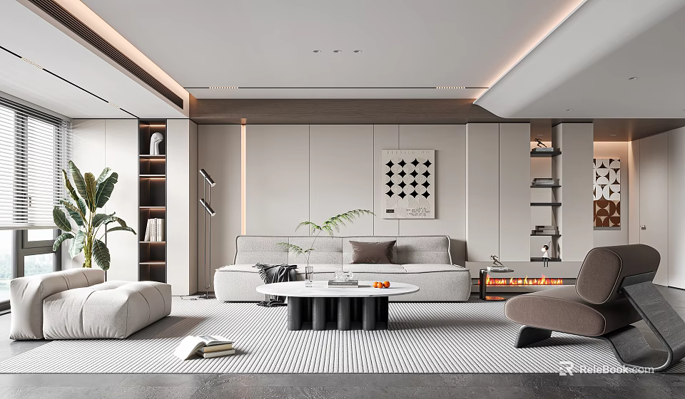 Modern Living Room Interior Design With Light Gray Sofa Coffee Table Rug And Decorative Painting 3d model 