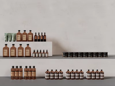 Modern Bathroom Accessories With Various Bottles In Different Sizes And Colors Arranged On Shelves 3d model