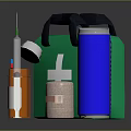 Essential Medical Devices With Green First Aid Kit Medicine Bottle Bandage Syringe And Disinfectant Canister