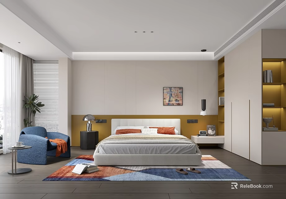 Modern Bedroom Interior Design With Bed Colorful Rug Blue Armchair And Decorative Artwork 3d model 