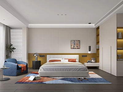Modern Bedroom Interior Design With Bed Colorful Rug Blue Armchair And Decorative Artwork 3d model