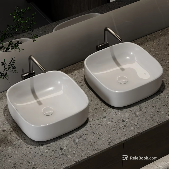 Modern Bathroom Vanity With Double Square White Ceramic Sinks On Stone Countertop And Chrome Faucets 3d model 