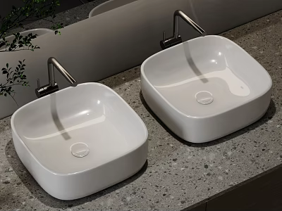 Modern Bathroom Vanity With Double Square White Ceramic Sinks On Stone Countertop And Chrome Faucets 3d model