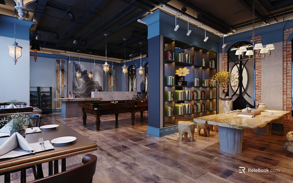 Elegant Modern Restaurant Interior With Dark Wooden Flooring Blue Columns Bookshelves Piano And Chandeliers 3d model 