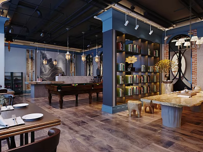 Elegant Modern Restaurant Interior With Dark Wooden Flooring Blue Columns Bookshelves Piano And Chandeliers 3d model