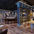 Elegant Modern Restaurant Interior With Dark Wooden Flooring Blue Columns Bookshelves Piano And Chandeliers