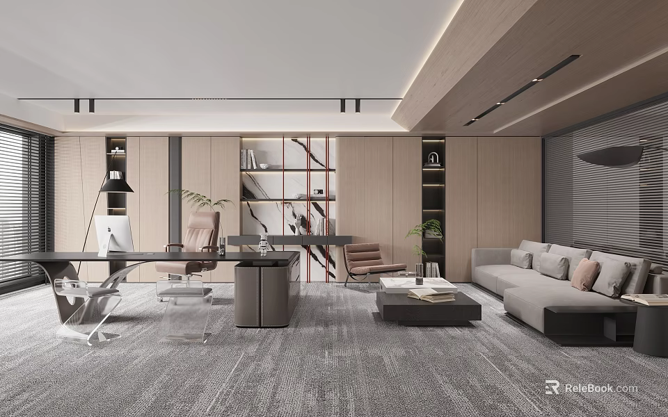 Modern Office Interior Design With Open Layout Desk Sofa Bookshelf And Carpet 3d model