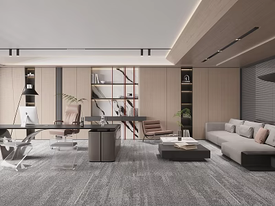 Modern Office Interior Design With Open Layout Desk Sofa Bookshelf And Carpet 3d model