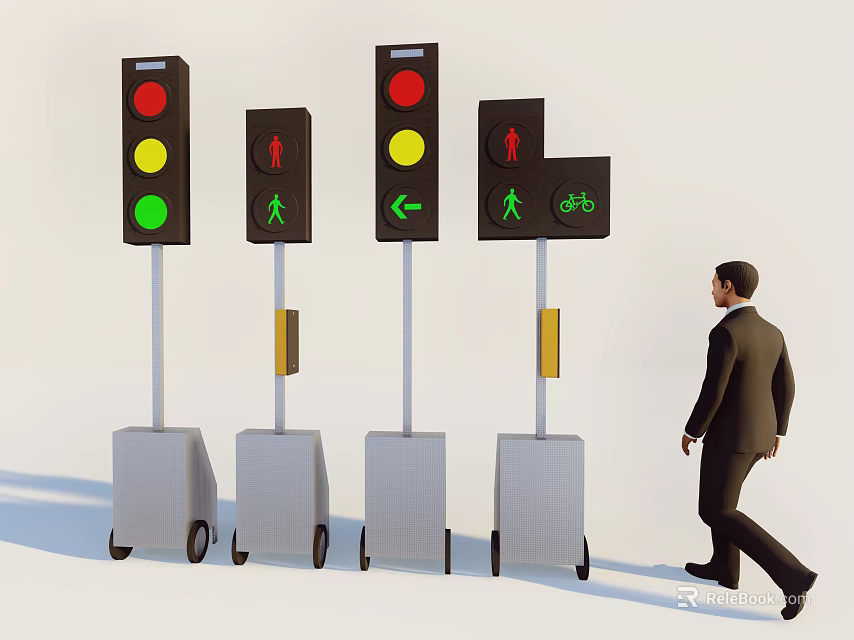 Outdoor Traffic Signs With Red Green Lights And Pedestrian Symbols Near Walking Man 3d model 