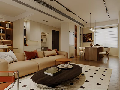 Modern Living And Dining Room Open Concept With Beige Sofa Round Coffee Table Pendant Lights 3d model