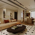 Modern Living And Dining Room Open Concept With Beige Sofa Round Coffee Table Pendant Lights