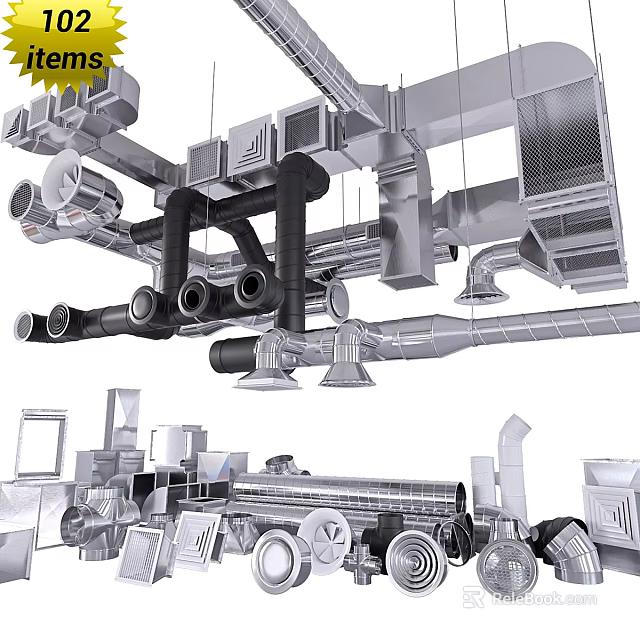 Industrial Metal Piping System With Ventilation Ducts And Factory Components 3d model 