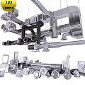 Industrial Metal Piping System With Ventilation Ducts And Factory Components