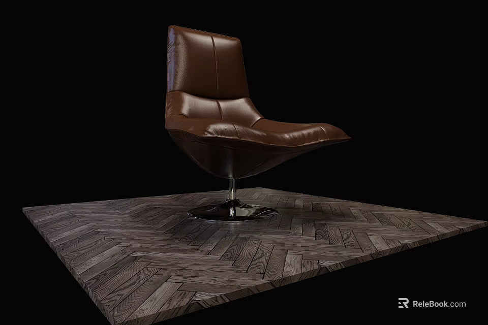 Stylish Brown Leather Single Sofa With Metal Base On Wooden Herringbone Floor 3d model 