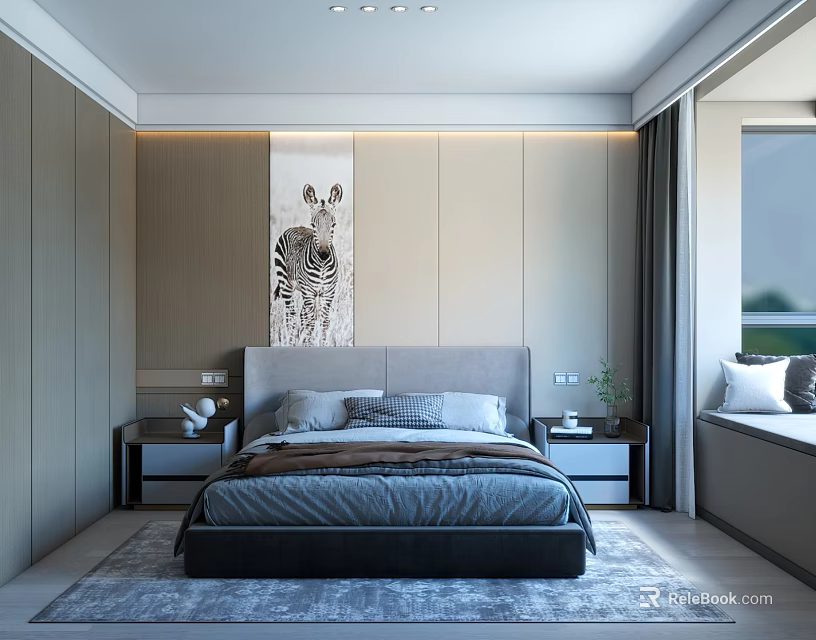 Modern Bedroom Interior Design With Bed Nightstands Zebra Artwork And Soft Rug 3d model 