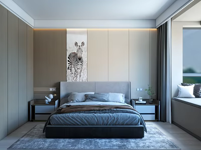 Modern Bedroom Interior Design With Bed Nightstands Zebra Artwork And Soft Rug 3d model