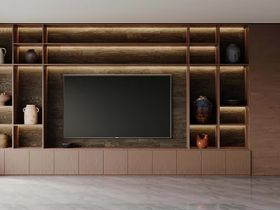 Modern Wooden TV Cabinet with Storage Shelves Decorative Vases and LED Lighting 3d model
