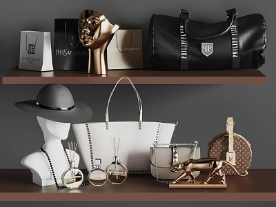 Luxury Perfume And Cosmetic Collection With Stylish Handbags Hats And Decorative Pieces 3d model