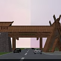 Traditional Chinese Grand Entrance Gate With Wooden Roof And Stone Pillars On Road With Cars