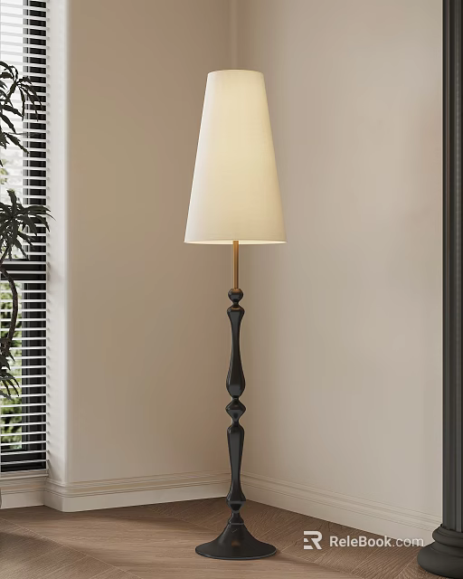 Black Floor Lamp With White Fabric Shade Near Window Blinds And Green Plant 3d model 