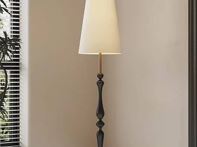 Black Floor Lamp With White Fabric Shade Near Window Blinds And Green Plant 3d model