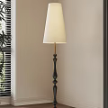 Black Floor Lamp With White Fabric Shade Near Window Blinds And Green Plant