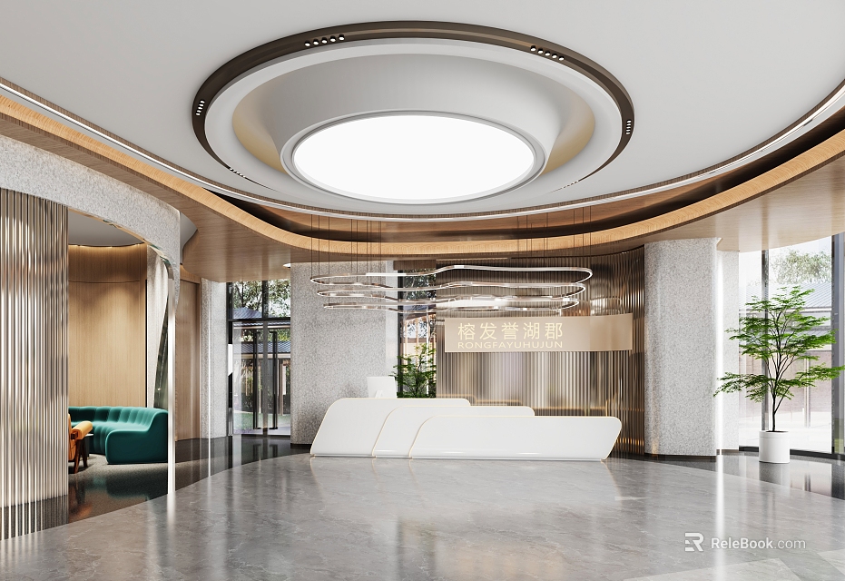 Modern Reception Area Interior Design With Circular Ceiling Light White Desk And Green Sofa 3d model 