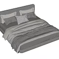 Modern Double Bed With Light Gray Headboard Multiple Pillows And Striped Bedspread 3d model