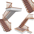 Multiple Angles Of Wooden Handrail Stairs With Brown Steps And White Platforms