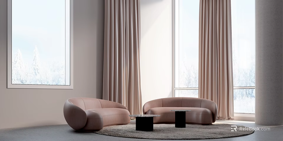 Curved Light Brown Sofa And Black Coffee Table Set With Rug Large Windows And Curtains 3d model 