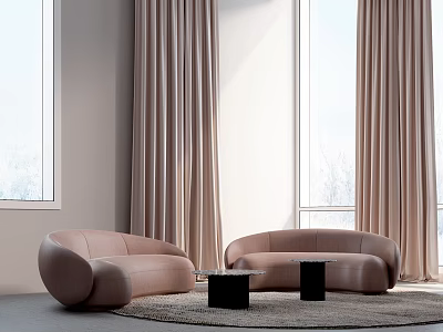 Curved Light Brown Sofa And Black Coffee Table Set With Rug Large Windows And Curtains 3d model