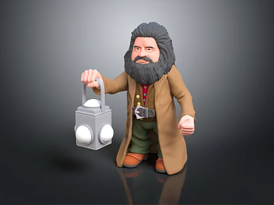 Bearded Male Character In Brown Coat Holding Lantern With Small Fox 3d model
