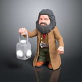 Bearded Male Character In Brown Coat Holding Lantern With Small Fox