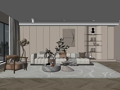 Modern Living Room Interior With Sofa Area Rug Decorative Plant And Bookshelf 3d model