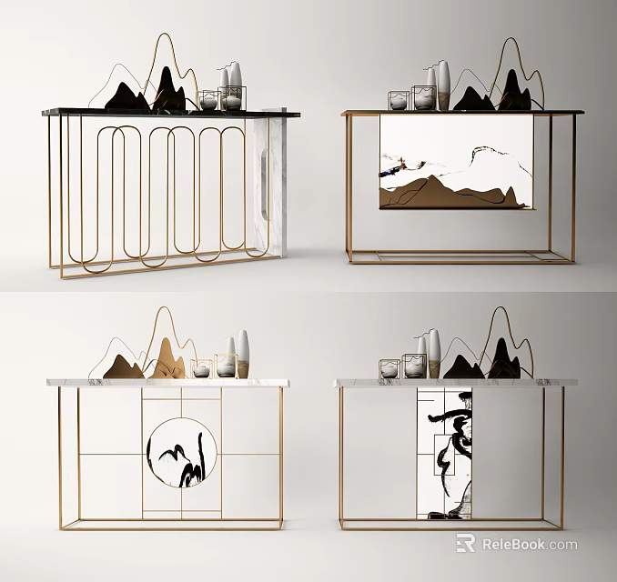 Modern Console Table With Gold Metal Frame Marble Top And Mountain Decor Artwork 3d model