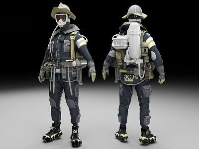 Firefighter Protective Gear Front And Back Views With Helmet Mask And Breathing Apparatus 3d model
