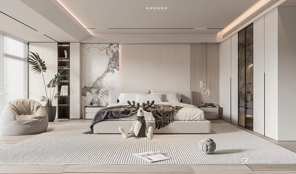 Modern Bedroom Interior Design With Platform Bed Accent Wall And Decorative Lamp 3d model 