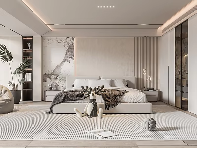 Modern Bedroom Interior Design With Platform Bed Accent Wall And Decorative Lamp 3d model