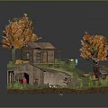 Cartoon Autumn Scene with Orange Leaf Trees Small Wooden Cabin Red Tractor and Winding Path